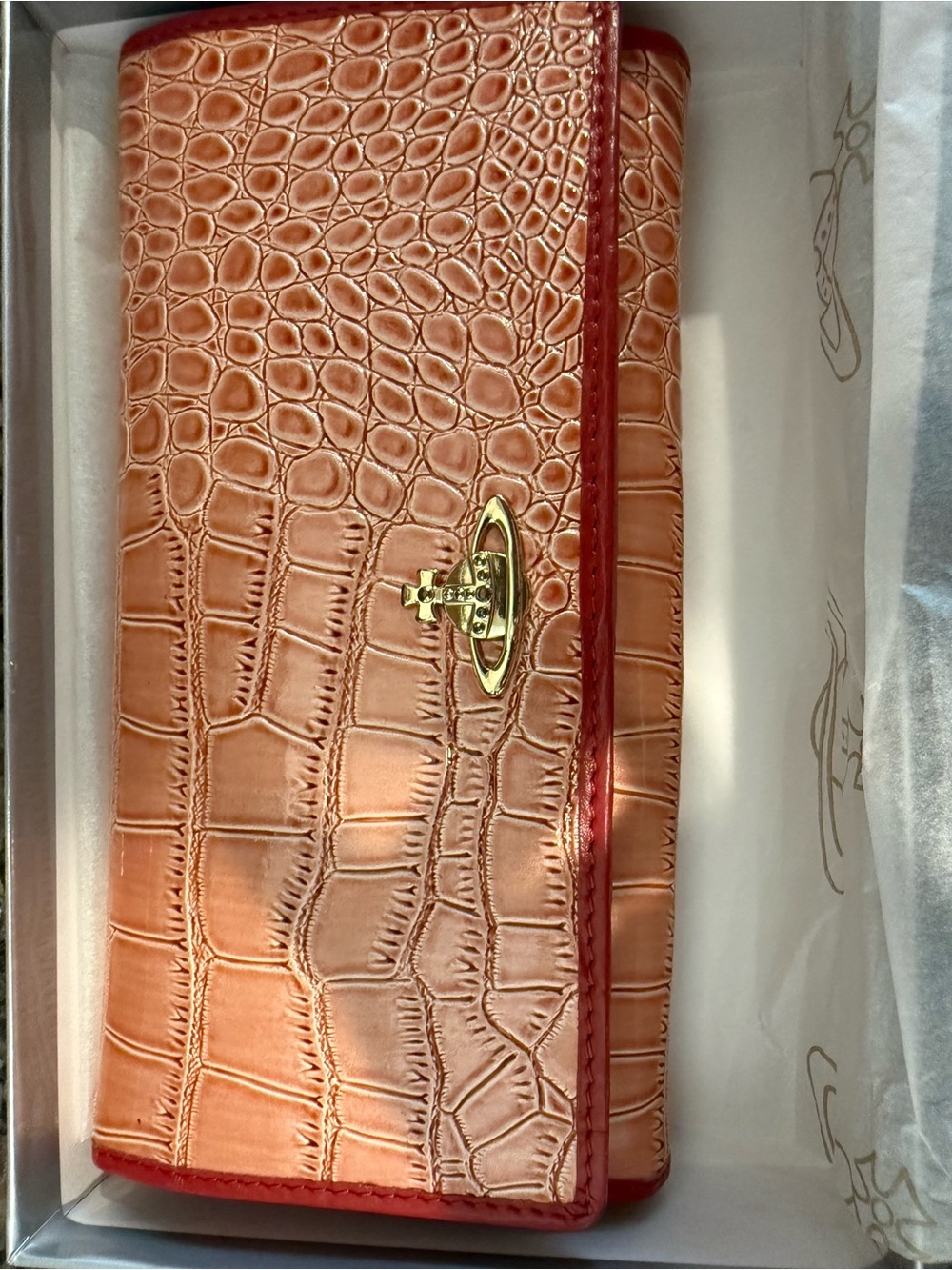 Vivienne Westwood Croc-Embossed Wallet with Red Trim and Gold Orb, W/ COA
